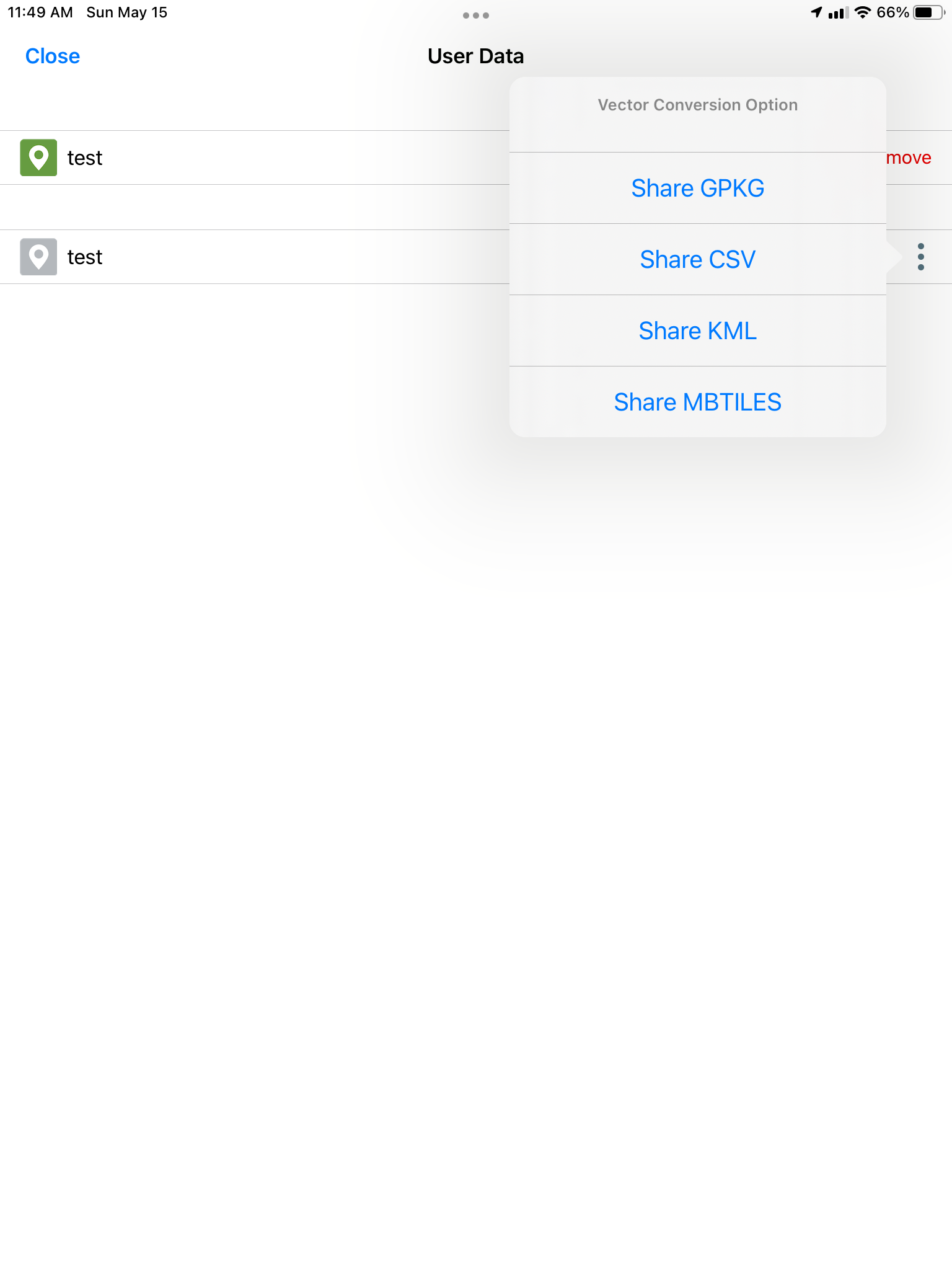 User Data export — Share GPKG, CSV, KML, MBTILES