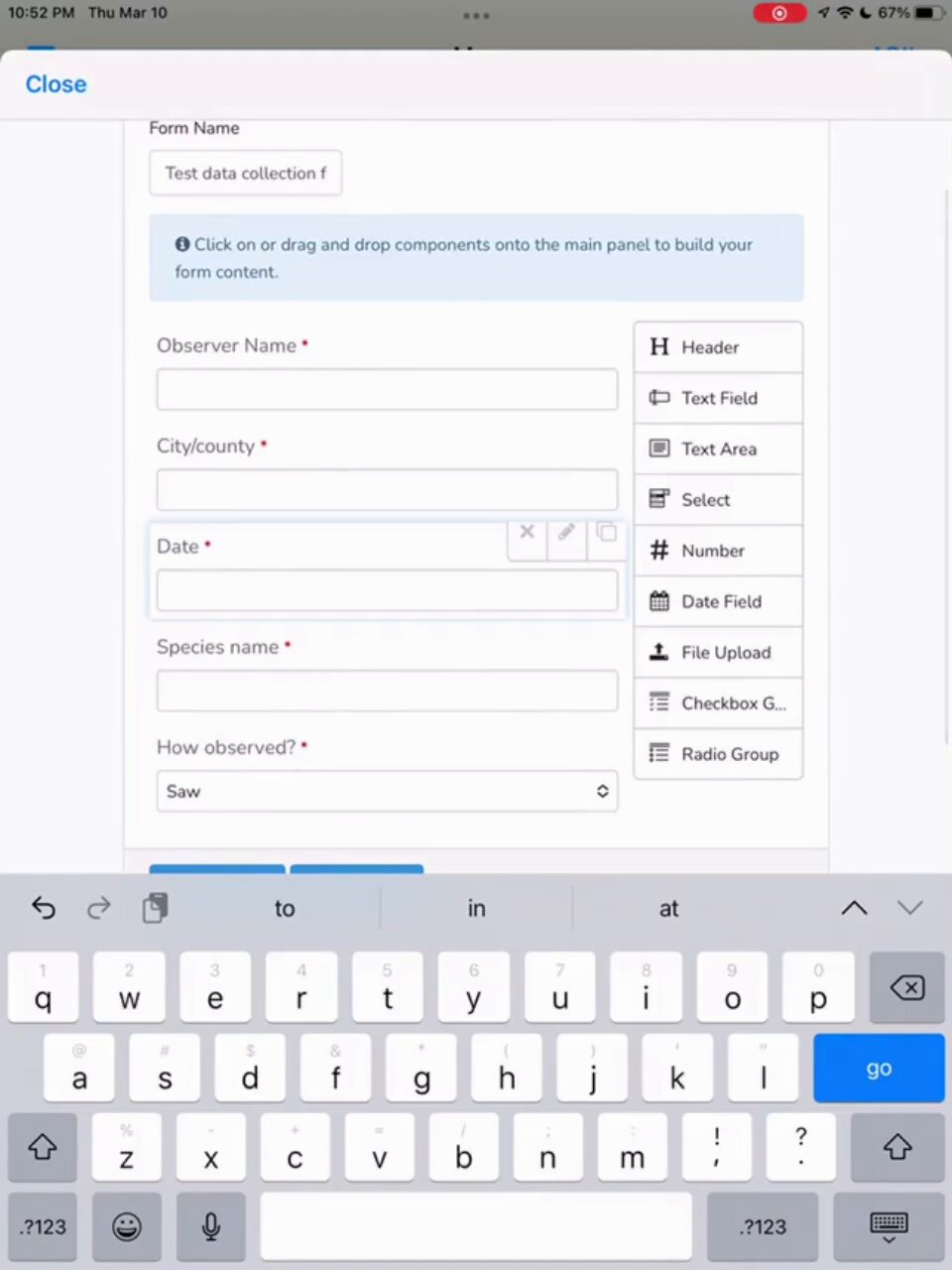 In-app form builder with drag-and-drop fields