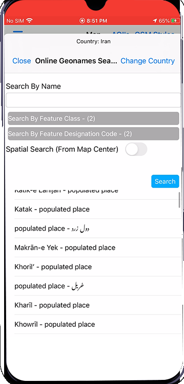 Online GeoNames spatial search