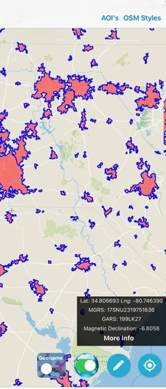 GeoNames layers on the map — AOIs, MGRS, GARS
