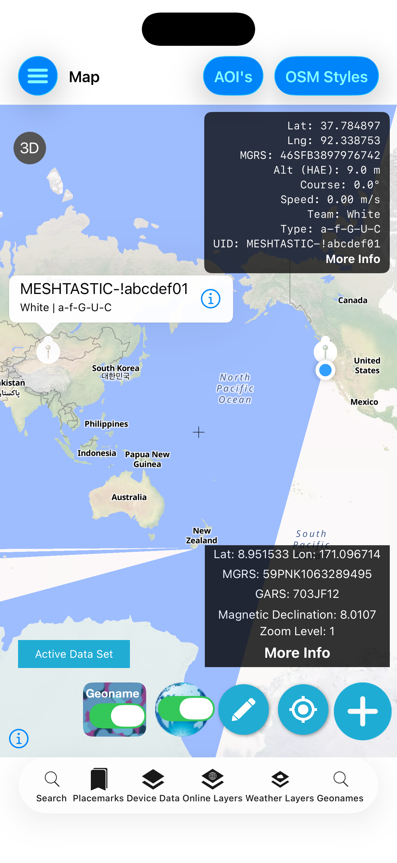 Map with team and GeoNames