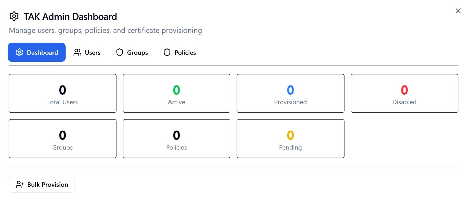 TAK Admin Dashboard — users, groups, policies